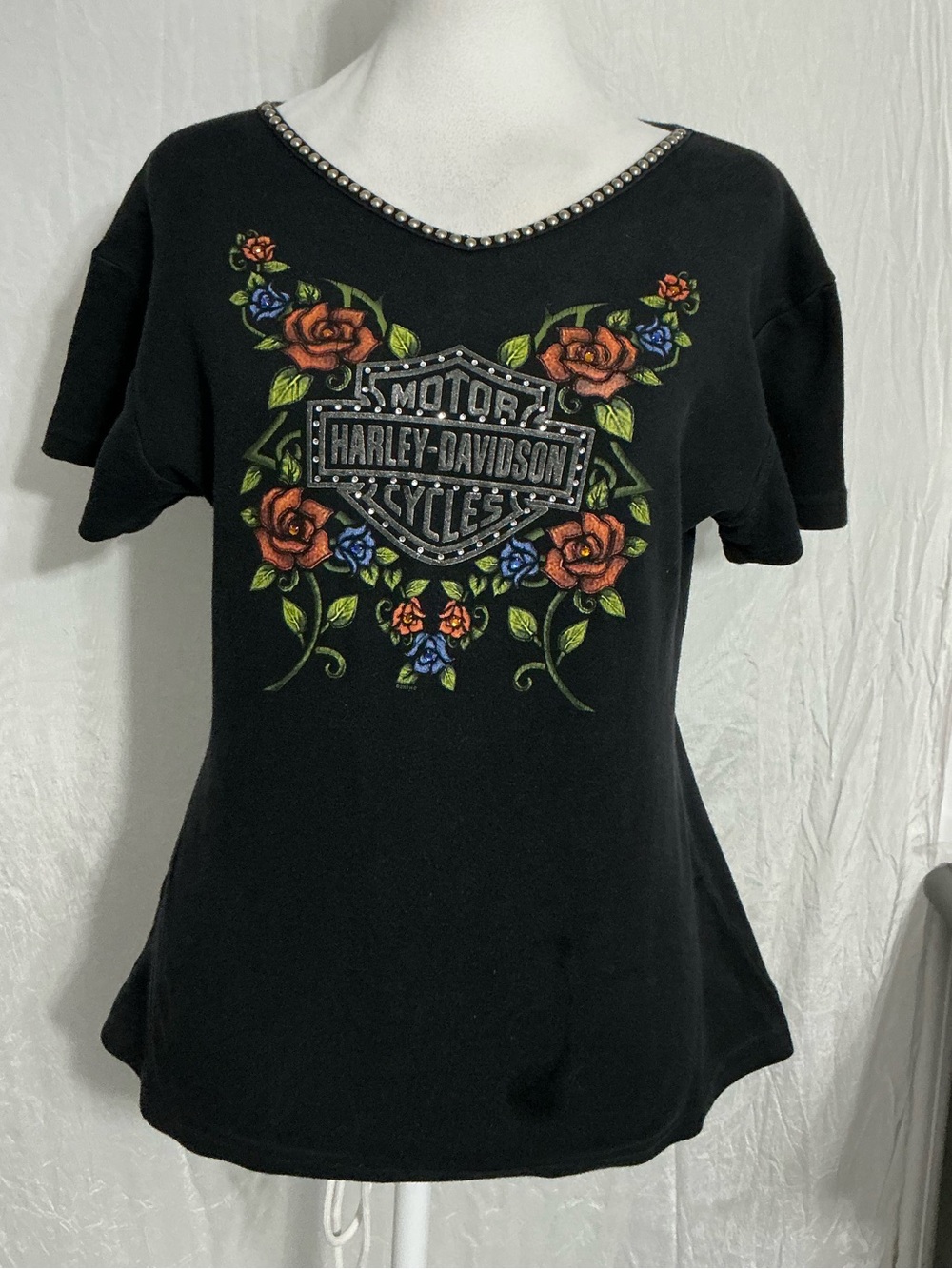 Harley-Davidson Black Floral Emblem Short Sleeve Tee with Rhinestone Trim